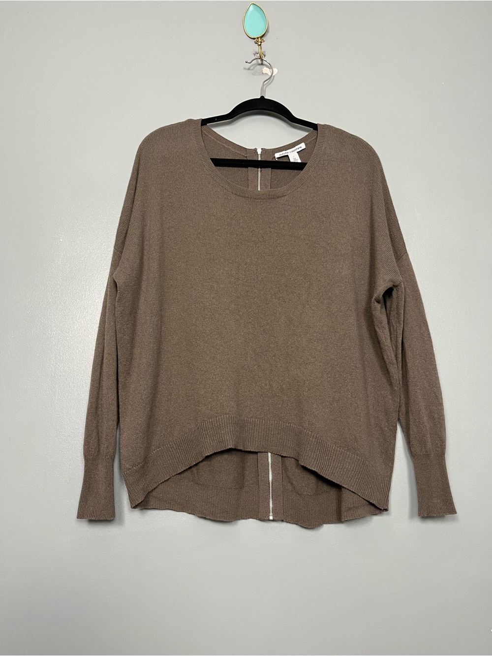 Autumn Cashmere Brown Crewneck Knit Sweater Oversized Back Zip Womens Size L